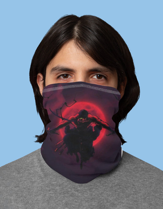 AnimeVerseStore king of hell face mask featuring a vibrant design with a warrior silhouette against a red moon