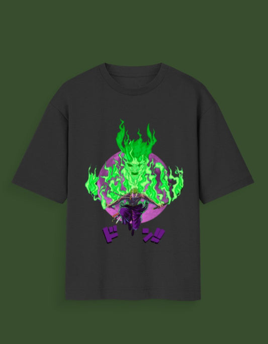 Black KING OF HELL graphic tee with green fiery demon design and purple circle background