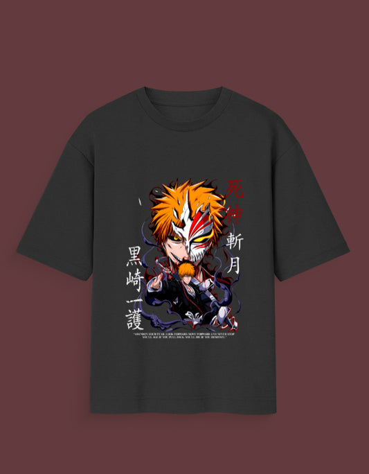 Black Kurosaki x Hollow anime t-shirt featuring vibrant orange-haired character design with Japanese text
