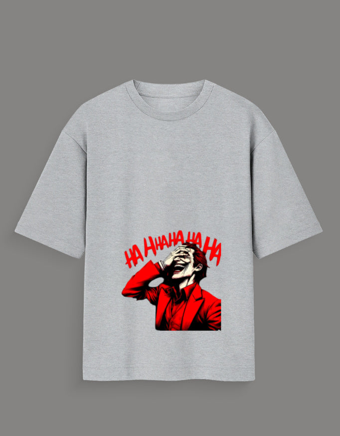 Limited edition joker t-shirt India with red joker graphic and laughter text on gray fabric