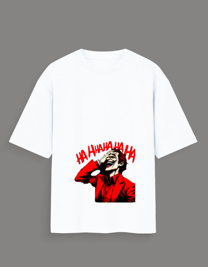 Limited edition joker t-shirt India with red joker graphic and laughter text on white fabric