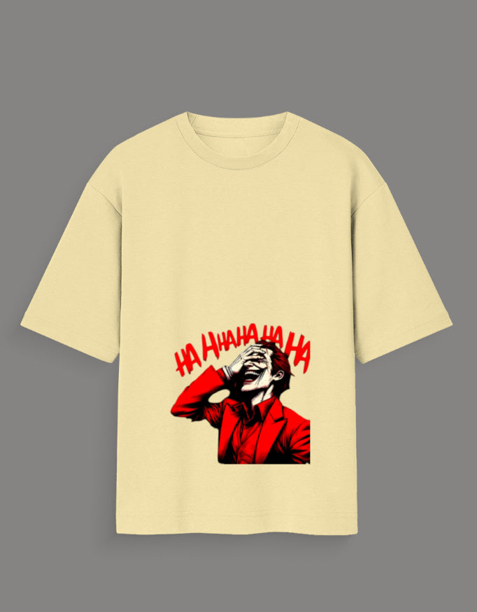 Limited edition joker t-shirt India with graphic of Joker laughing in red suit on beige fabric