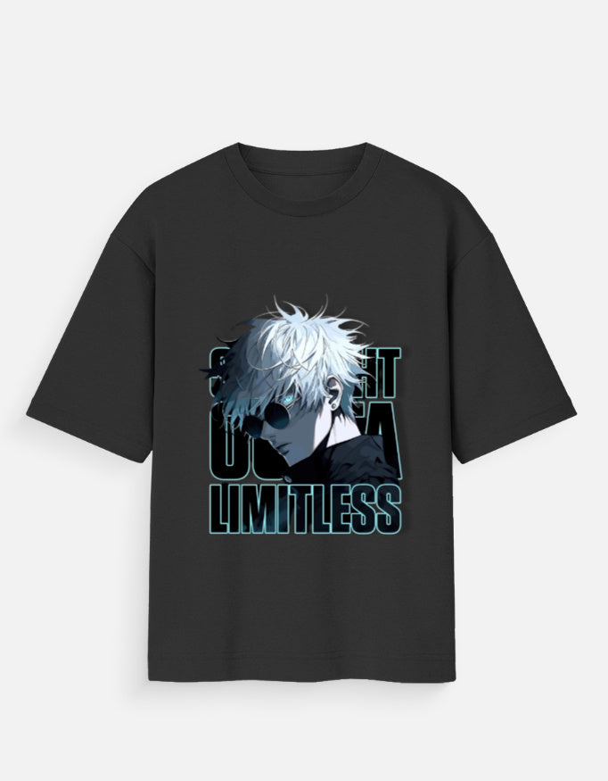 Black Limitless Gojo Satoru tee with anime character graphic and bold text design