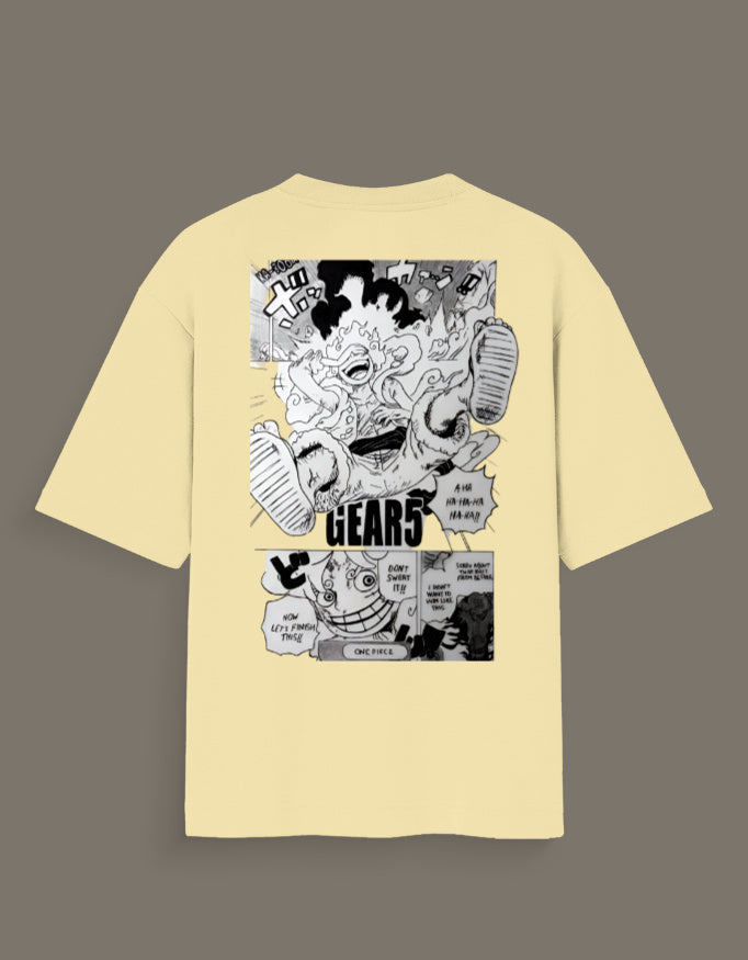 Luffy Gear 5 hand sketch t-shirt from AnimeVerseStore featuring manga-style black and white comic design on cream fabric