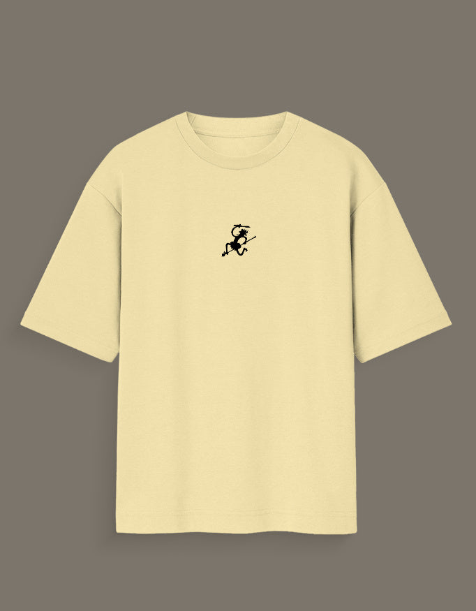 Beige Luffy Gear 5 hand sketch t-shirt with small black graphic on front center