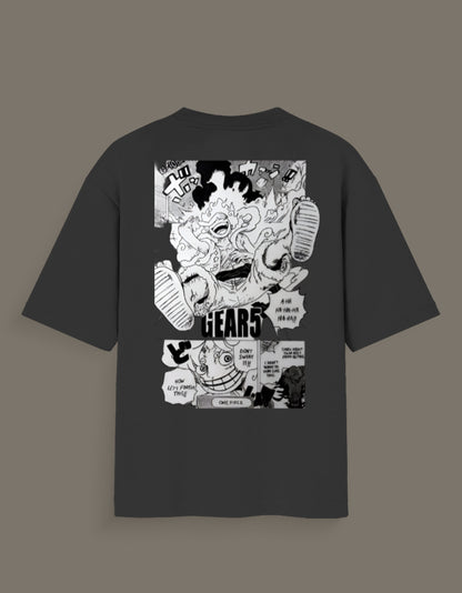 Black t-shirt featuring Luffy Gear 5 hand sketch t-shirt manga style graphic from One Piece