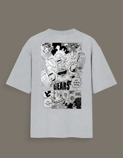 Grey t-shirt featuring Luffy Gear 5 hand sketch t-shirt design with manga comic print on the back