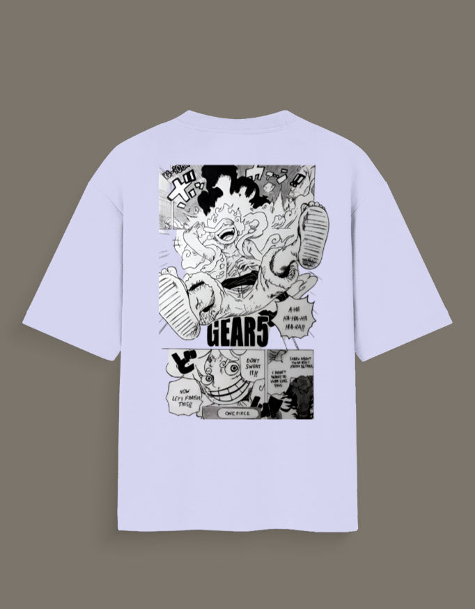 Luffy Gear 5 hand sketch t-shirt with black and white manga design on a light purple shirt