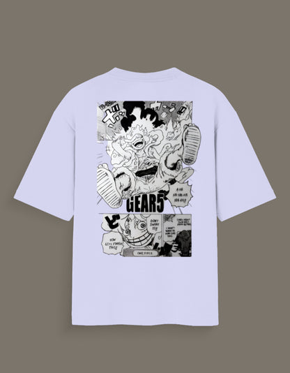 Luffy Gear 5 hand sketch t-shirt with black and white manga design on a light purple shirt