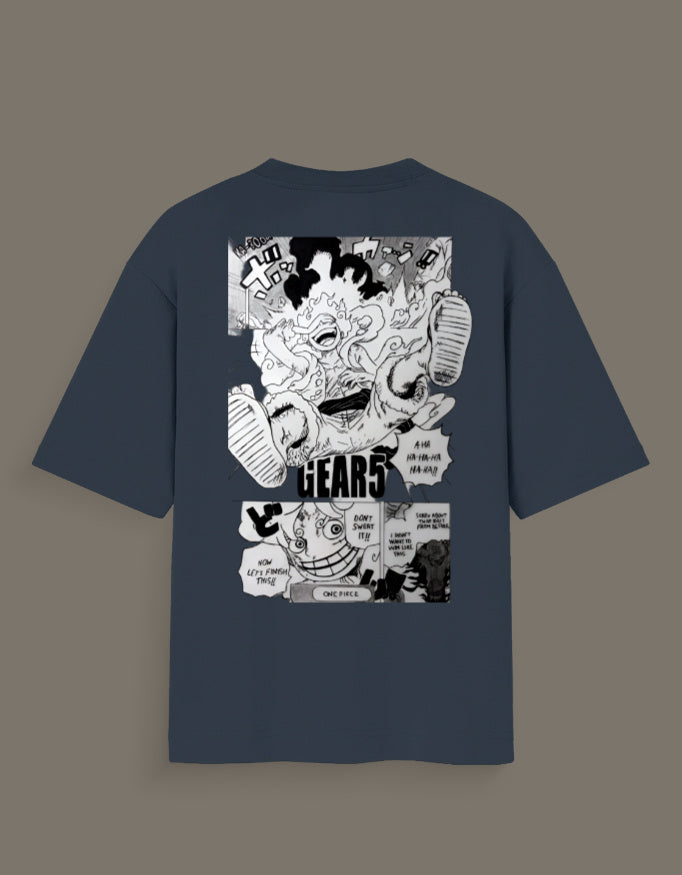 Luffy Gear 5 hand sketch t-shirt with black and white manga design on navy blue fabric