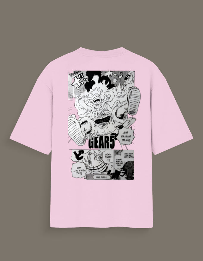 Pink Luffy Gear 5 hand sketch t-shirt with black and white manga artwork on back