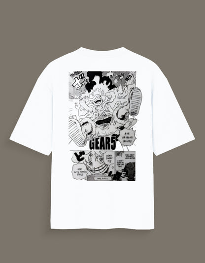 White t-shirt featuring Luffy Gear 5 hand sketch t-shirt design inspired by manga panels