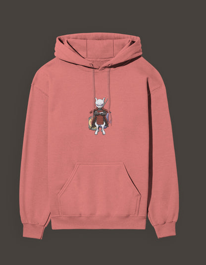 Madara Mewtwo anime hoodie in coral color with a graphic print on the front