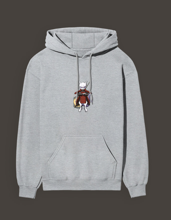 Madara Mewtwo anime hoodie in grey with embroidered character design on the front