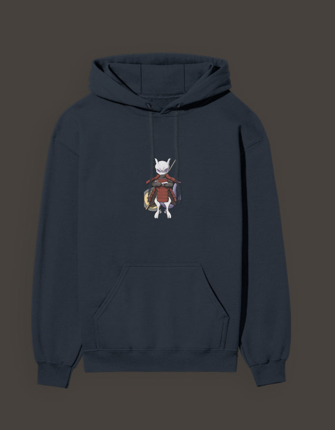 Madara Mewtwo anime hoodie in navy blue featuring a detailed graphic design