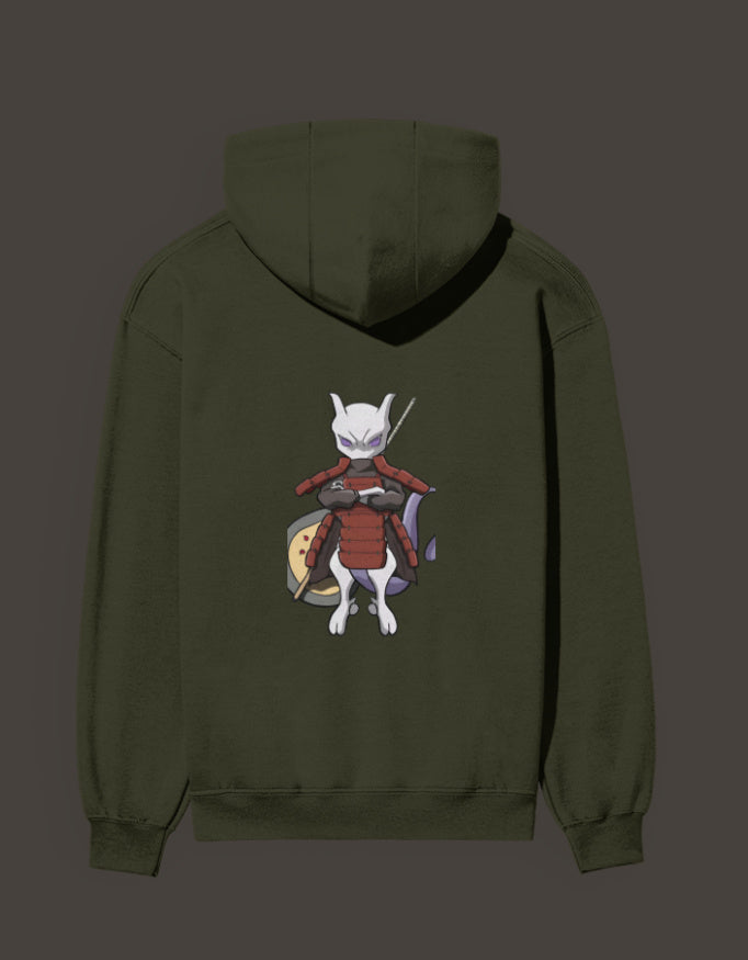 Madara Mewtwo anime hoodie featuring an artistic graphic on the back in olive green