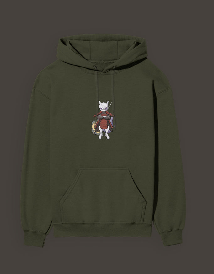 Madara Mewtwo anime hoodie in olive green featuring a unique character design on the front