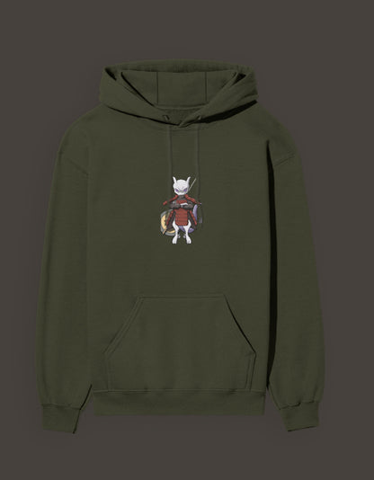 Madara Mewtwo anime hoodie in olive green featuring a unique character design on the front