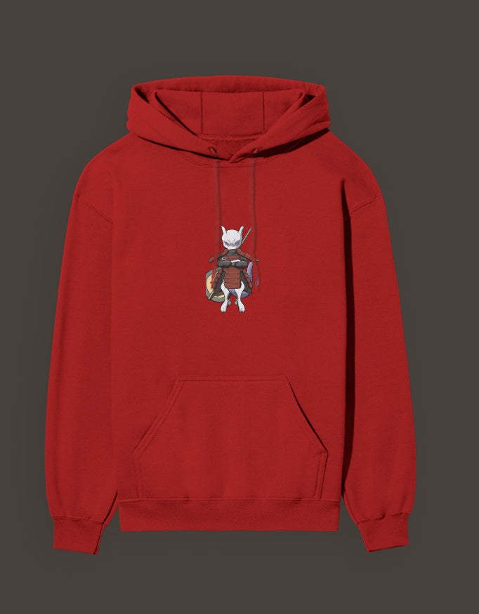 Red hoodie featuring Madara Mewtwo anime design, perfect for anime fans and casual wear