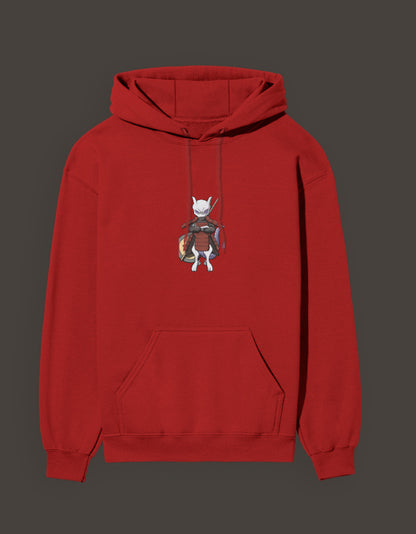 Red hoodie featuring Madara Mewtwo anime design, perfect for anime fans and casual wear