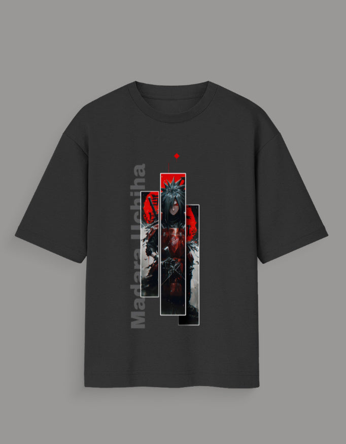 Black Madara Uchiha oversized t-shirt featuring anime graphic design with red and white accents