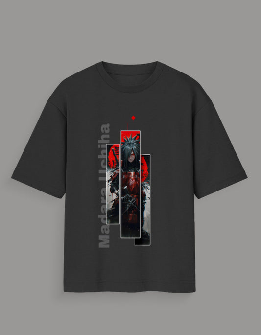 Black Madara Uchiha oversized t-shirt featuring anime graphic design with red and white accents