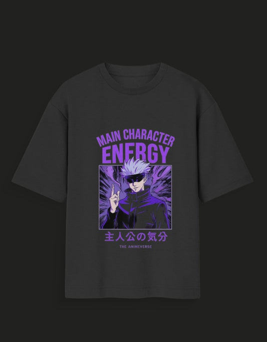 Black main character energy t-shirt featuring anime-style character with purple graphic design