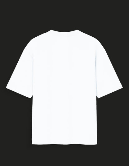 Back view of plain white main character energy t-shirt with short sleeves on black background
