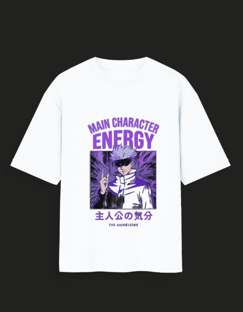 White main character energy t-shirt featuring anime character with purple design and Japanese text