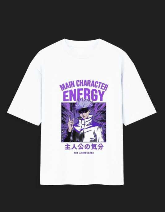 White main character energy t-shirt featuring anime character with purple design and Japanese text
