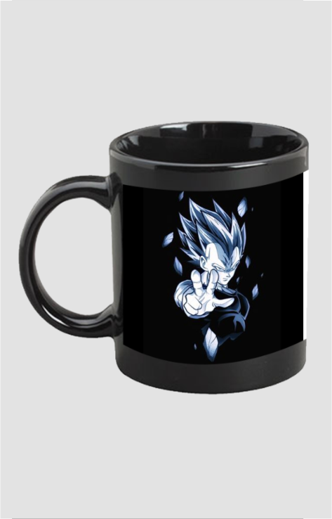 Black Majin Vegeta coffee mug with blue and white anime character design from AnimeVerseStore