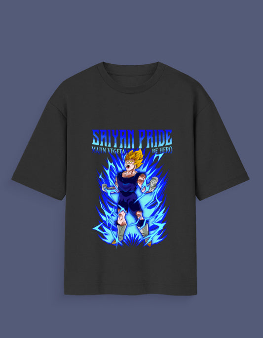 Black Majin Vegeta oversized tee with blue Saiyan Pride graphic from AnimeVerseStore