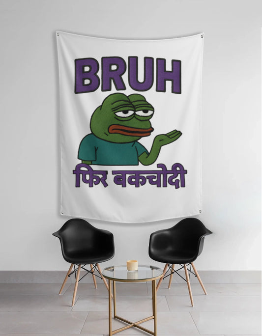 Phir bkchdi tapestry featuring Pepe shrugging with BRUH text on white wall hanging for room decor