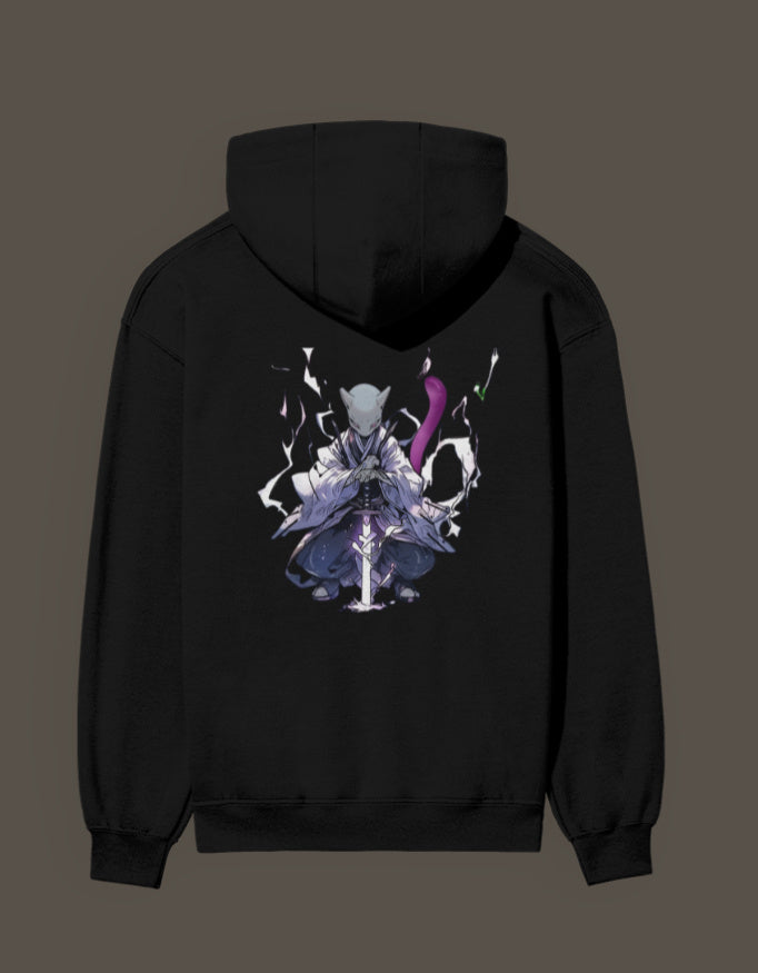 Mew 2 Hashira hoodie in black featuring a vibrant graphic print on the back