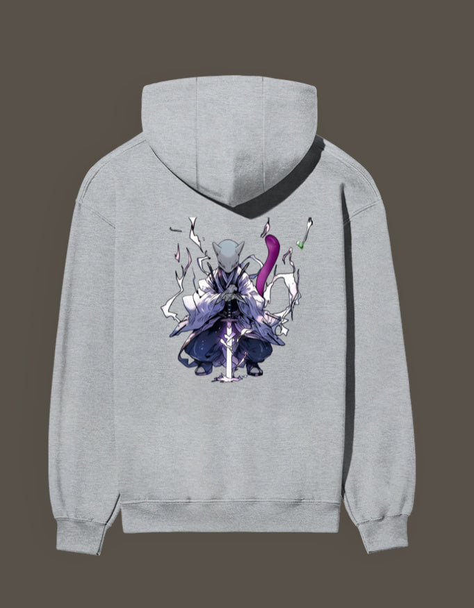 Gray Mew 2 Hashira Hoodie featuring a detailed back graphic of Mew 2 in a dynamic pose