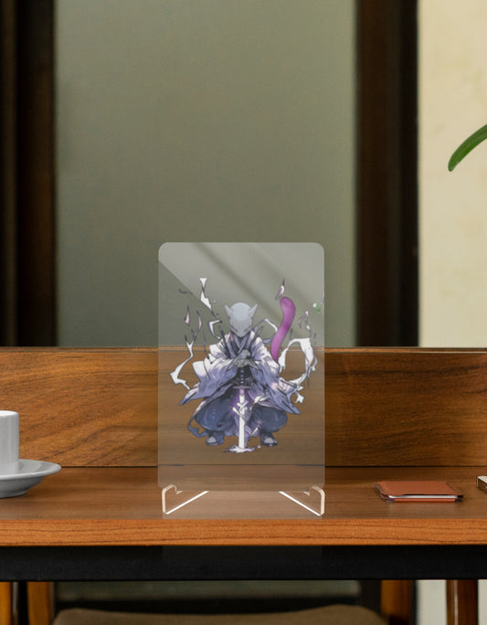 Mew 2 Hashira table figure displayed on a wooden table in a cozy setting