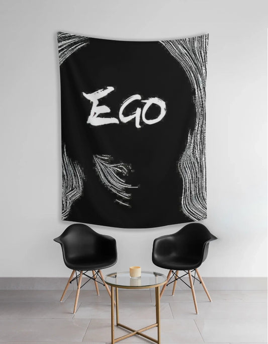 EGOIST anime tapestry black wall hanging with bold white brushstroke EGO and abstract border above modern chairs