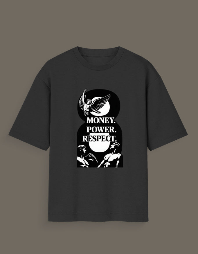 Black AnimeVerseStore money power respect graphic tee with white statue and winged figure design