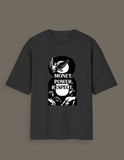 Black AnimeVerseStore money power respect graphic tee with white statue and winged figure design