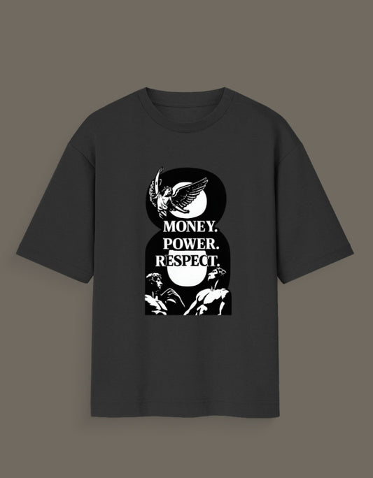 Black AnimeVerseStore money power respect graphic tee with white statue and winged figure design