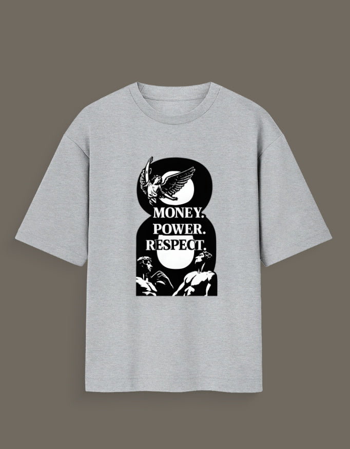 Gray money power respect graphic tee with black and white angel and statue design
