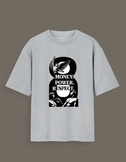 Gray money power respect graphic tee with black and white angel and statue design