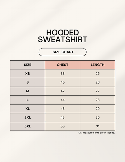 Size chart for Monkey D Garp hoodie with measurements for XS to 3XL in chest and length