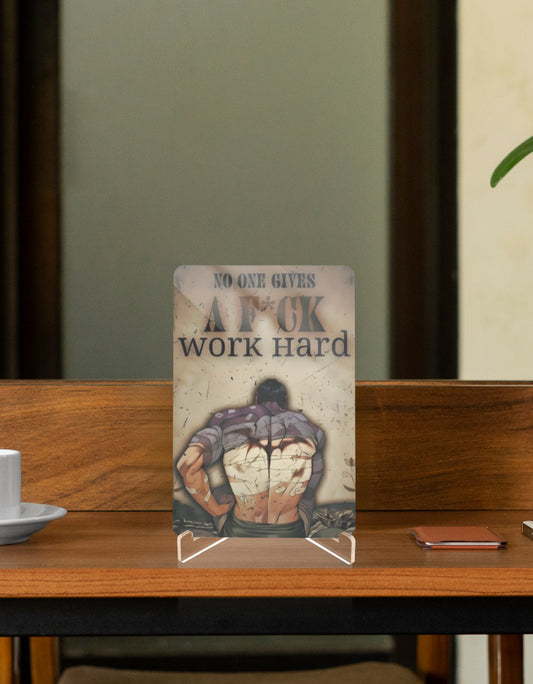 Motivational anime character relic featuring a bold message to work hard on a stylish display