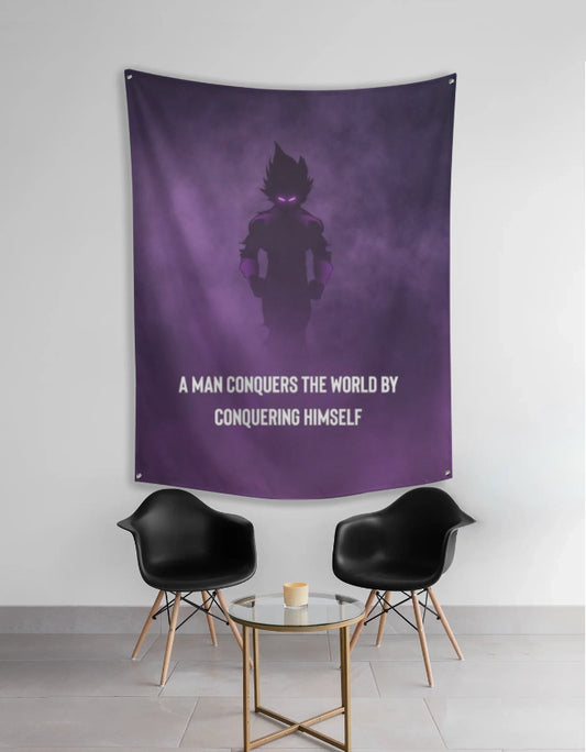 Purple saiyan anime wall tapestry with dark warrior silhouette with glowing purple eyes and empowering quote above two chairs