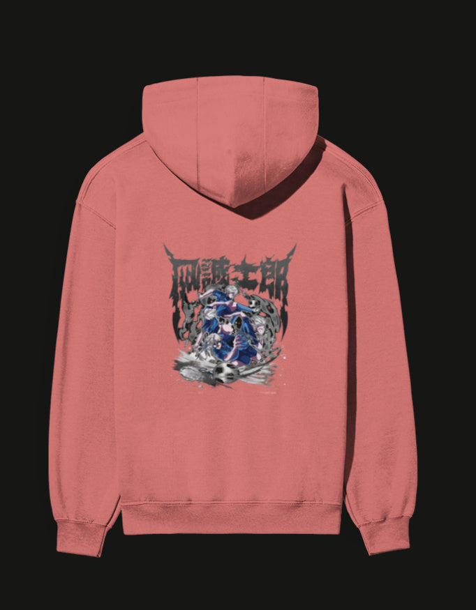 NAGI anime hoodie in coral color featuring a striking graphic design on the back