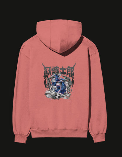 NAGI anime hoodie in coral color featuring a striking graphic design on the back