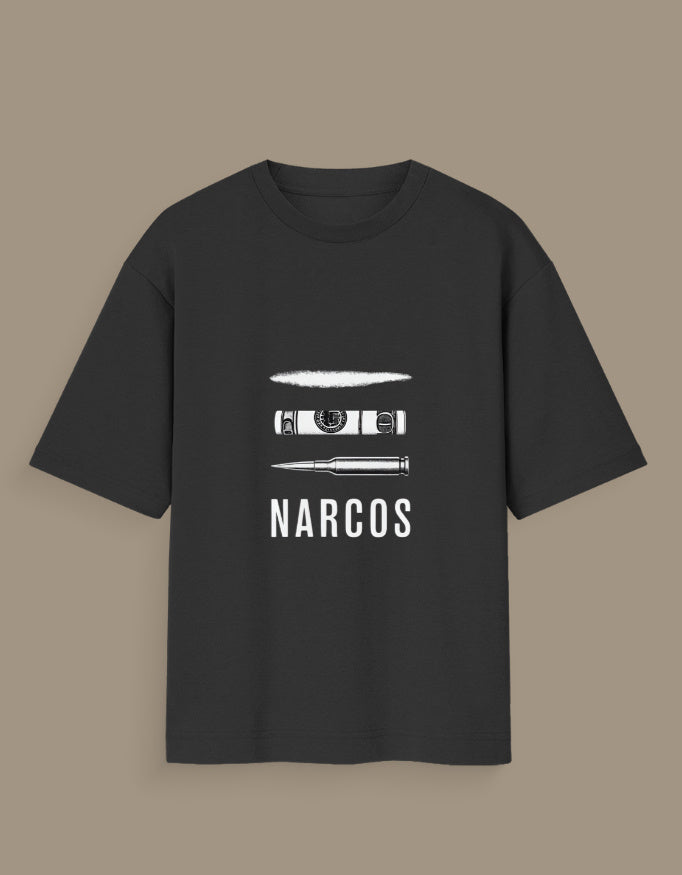 Black narcos glow in the dark t-shirt with graphic design of powder, rolled bill, and bullet