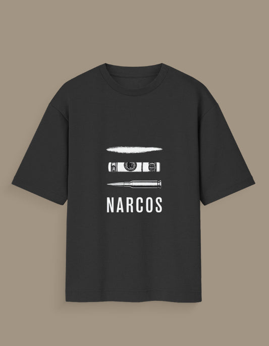 Black narcos glow in the dark t-shirt with graphic design of powder, rolled bill, and bullet
