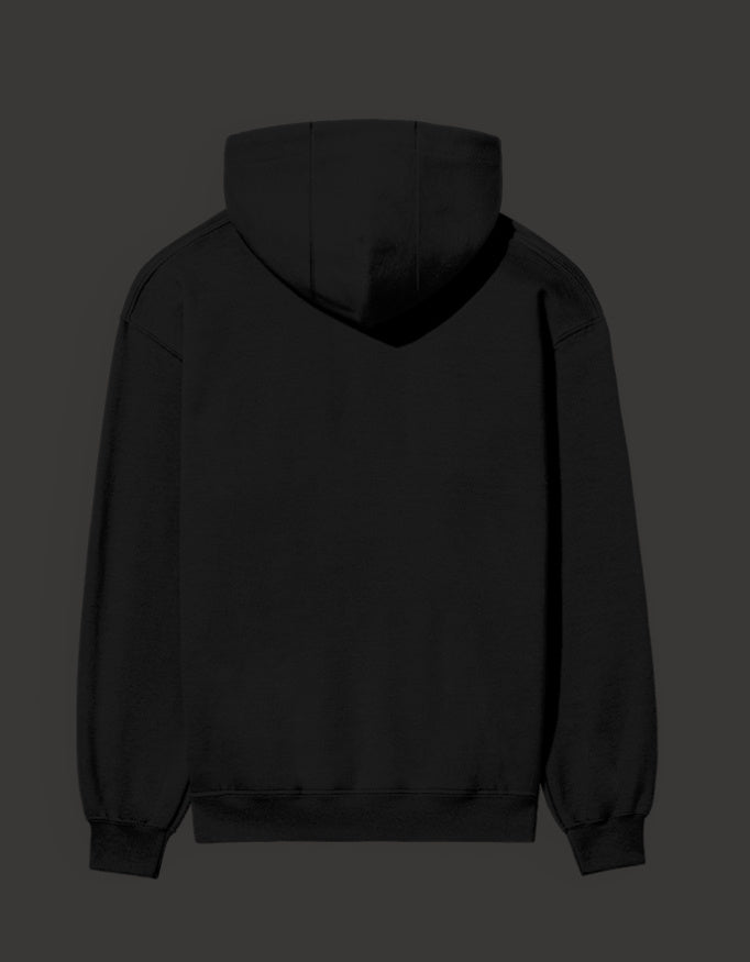 Back view of a black narcos unisex hoodie featuring a comfortable fit and adjustable hood